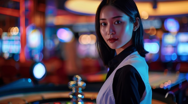 Portrait of woman playing poker in casino