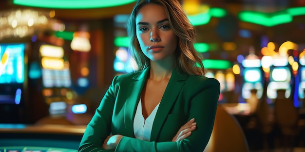 Portrait of woman playing poker in casino