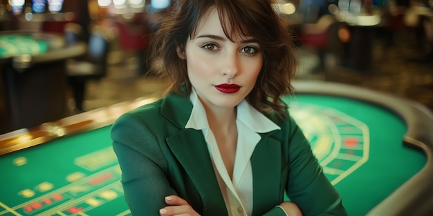 Portrait of woman playing poker in casino