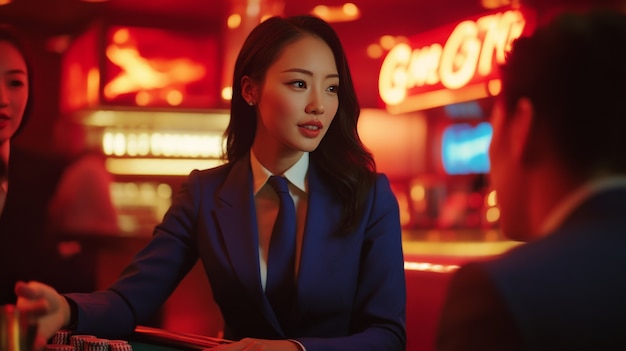 Free photo portrait of woman playing poker in casino