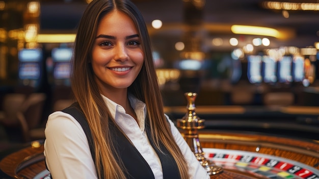 Free photo portrait of woman playing poker in casino