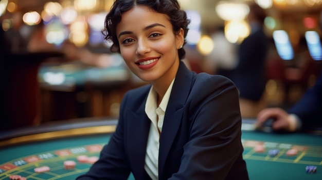 Free photo portrait of woman playing poker in casino