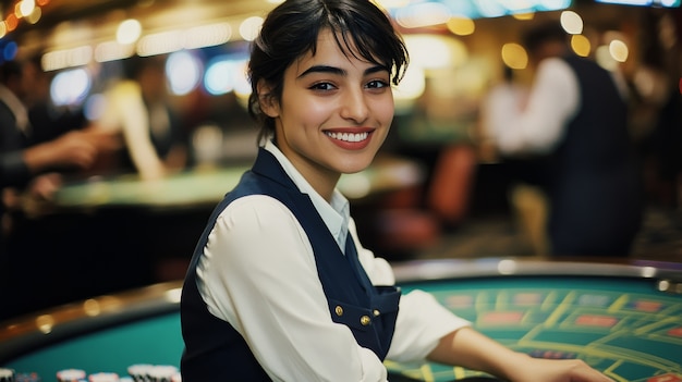 Portrait of woman playing poker in casino