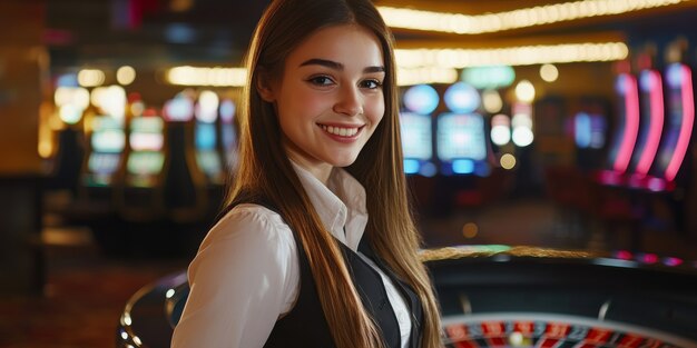 Portrait of woman playing poker in casino