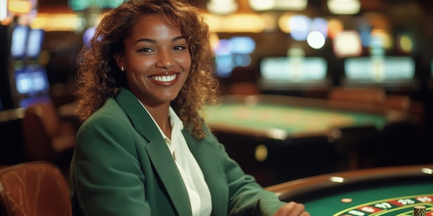 Portrait of woman playing poker in casino