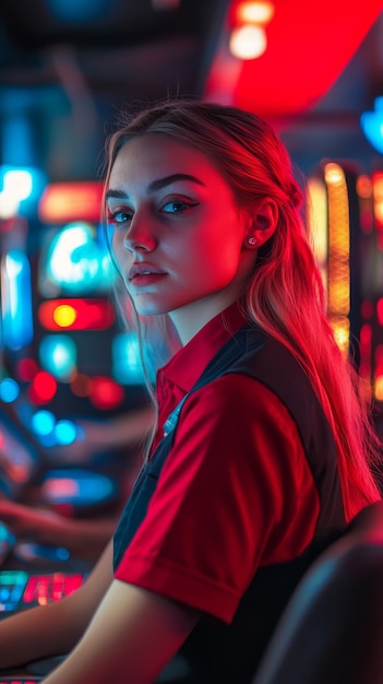 Free photo portrait of woman playing poker in casino