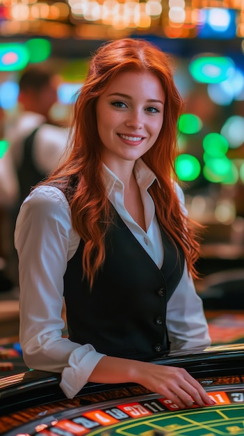 Free photo portrait of woman playing poker in casino