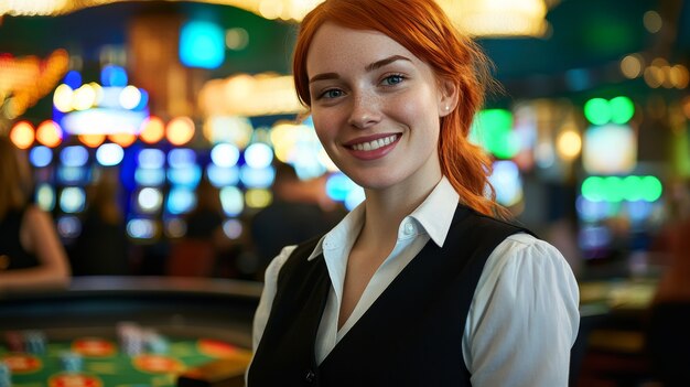 Portrait of woman playing poker in casino