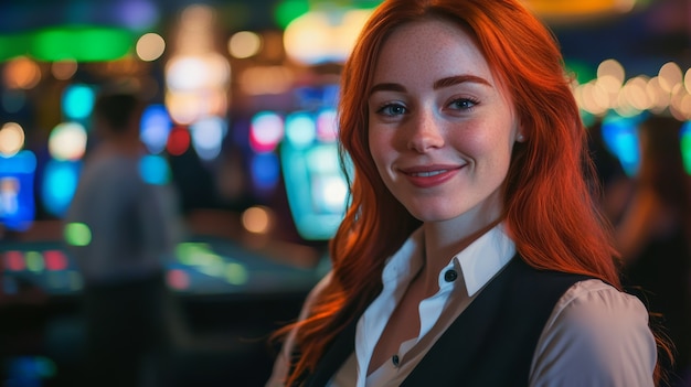 Free photo portrait of woman playing poker in casino