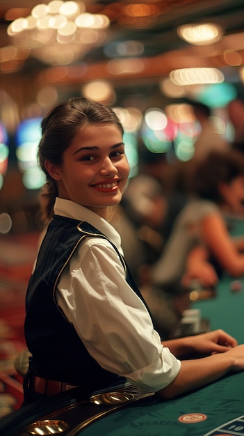 Free photo portrait of woman playing poker in casino