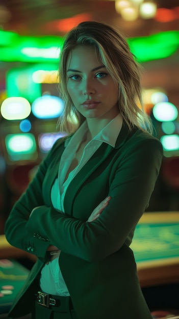 Free photo portrait of woman playing poker in casino