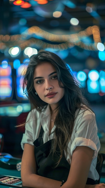 Portrait of woman playing poker in casino