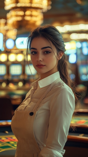 Free photo portrait of woman playing poker in casino