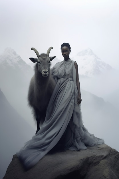 Free photo portrait of woman representing capricorn zodiac sign with ram