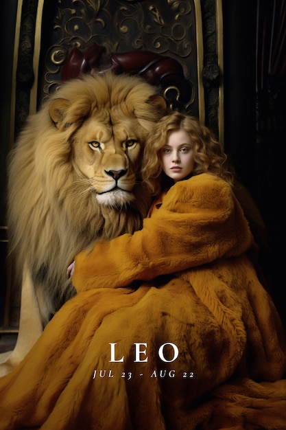 Free Photo portrait of woman representing leo zodiac sign with real lion