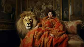 Free photo portrait of woman representing leo zodiac sign with real lion