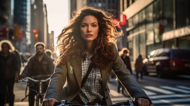 Portrait of woman riding her bike in new york city