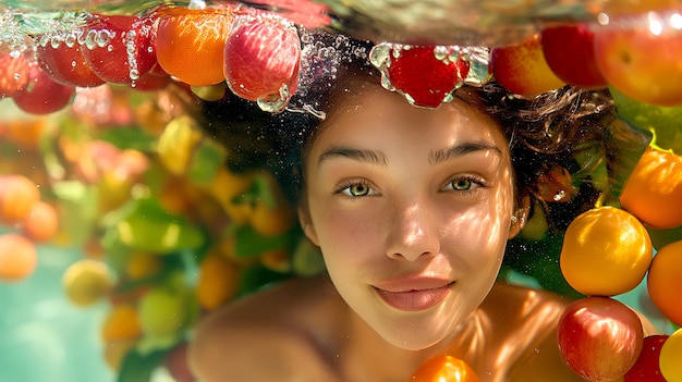 Free photo portrait of woman in summer swimming with tropical fruits