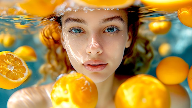 Portrait of woman in summer swimming with tropical fruits