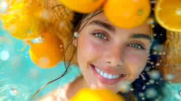 Free photo portrait of woman in summer swimming with tropical fruits