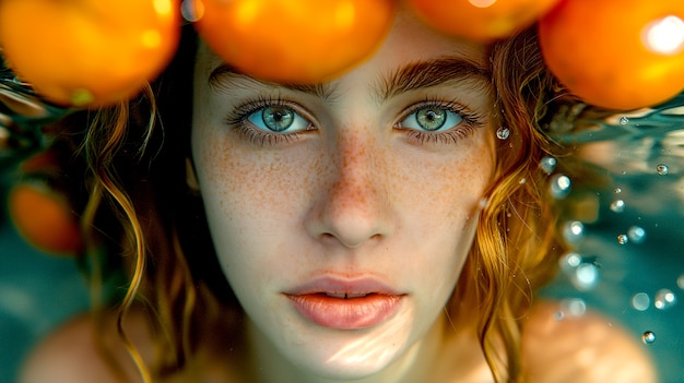 Free Photo portrait of woman in summer swimming with tropical fruits