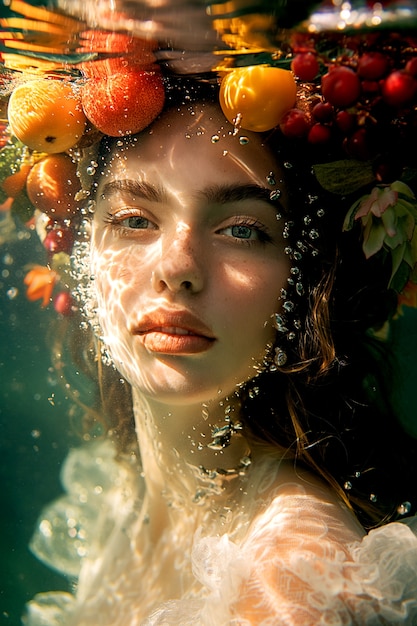 Free photo portrait of woman in summer swimming with tropical fruits