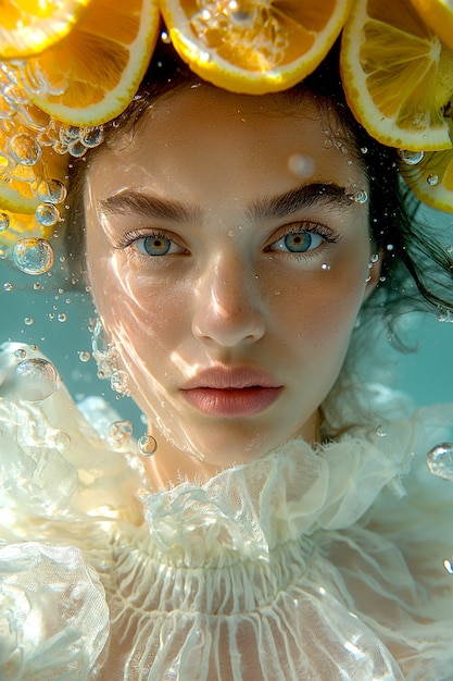 Free photo portrait of woman in summer swimming with tropical fruits