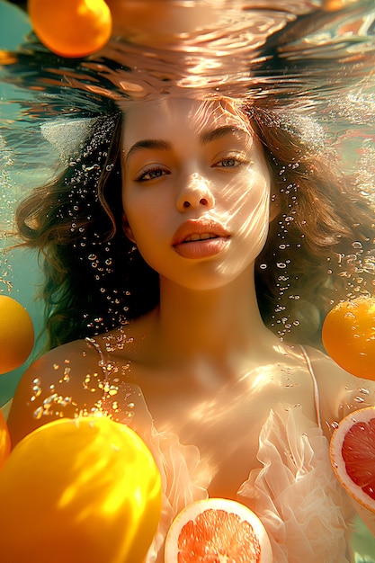 Portrait of woman in summer swimming with tropical fruits