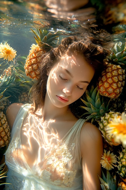 Portrait of woman in summer swimming with tropical fruits