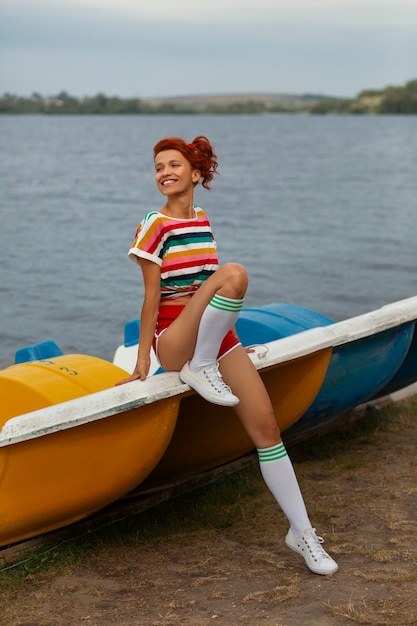 Portrait of woman during summertime in 80's aesthetic