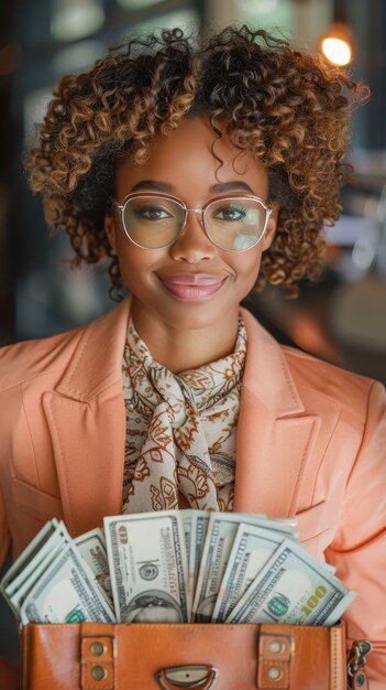 Portrait of woman surrounded by money