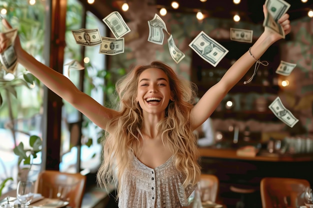 Free Photo portrait of woman surrounded by money