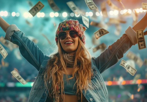 Free Photo portrait of woman surrounded by money