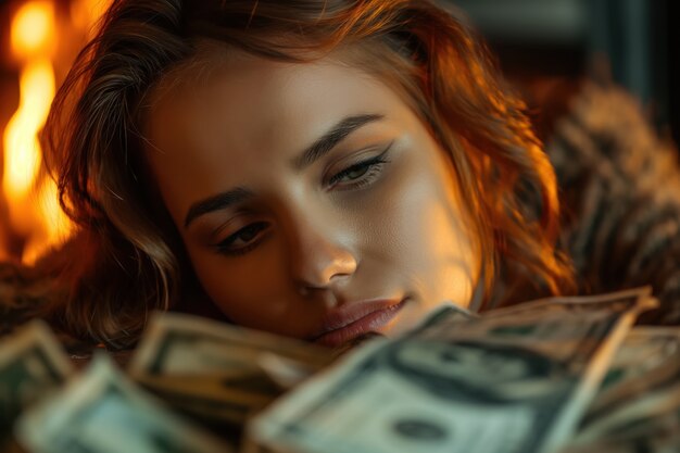 Portrait of woman surrounded by money