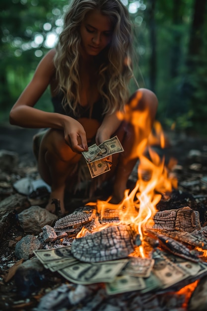 Free photo portrait of woman surrounded by money