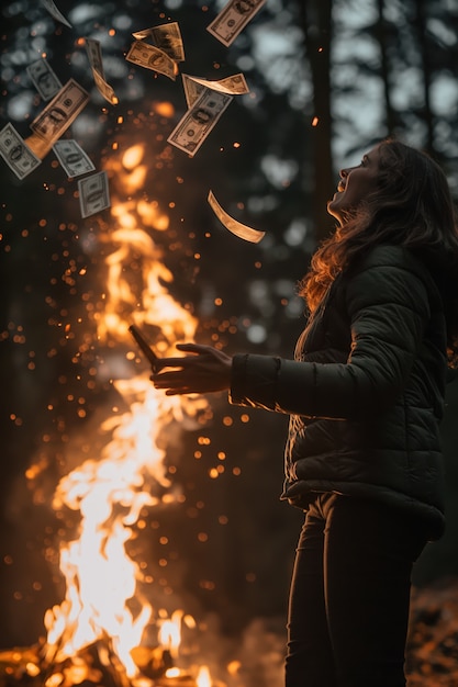 Portrait of woman surrounded by money