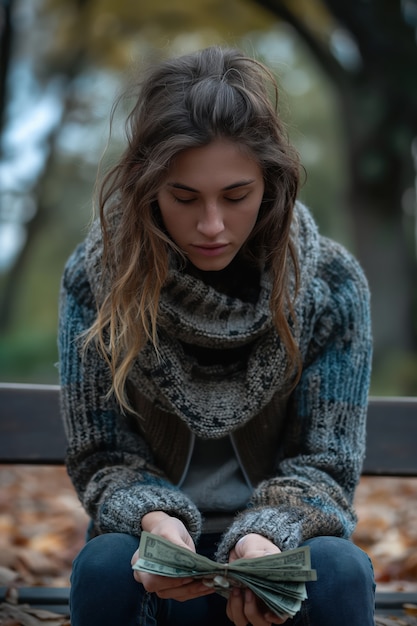 Portrait of woman surrounded by money