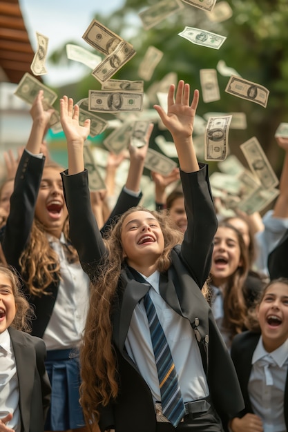 Portrait of woman surrounded by money