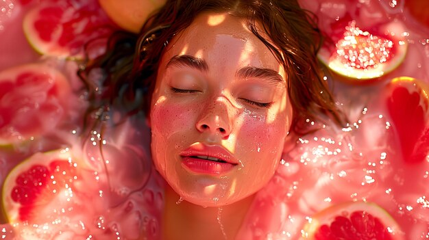 Portrait of woman swimming in summertime with tropical fruits