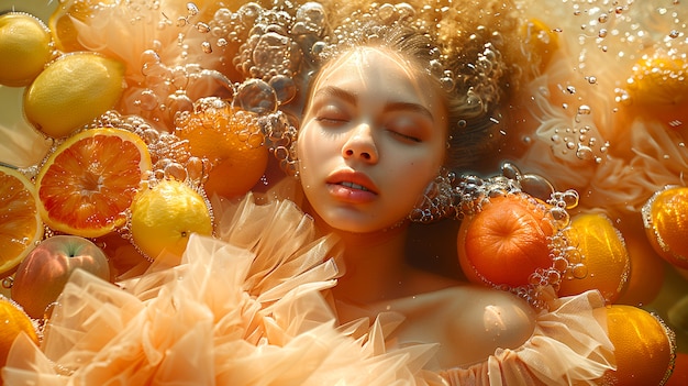 Free photo portrait of woman swimming in summertime with tropical fruits