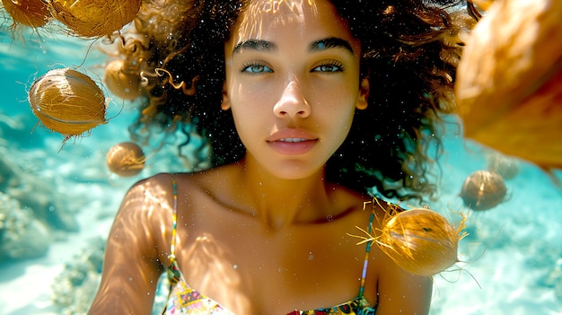 Portrait of woman swimming in summertime with tropical fruits