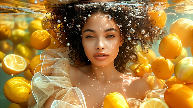 Portrait of woman swimming in summertime with tropical fruits