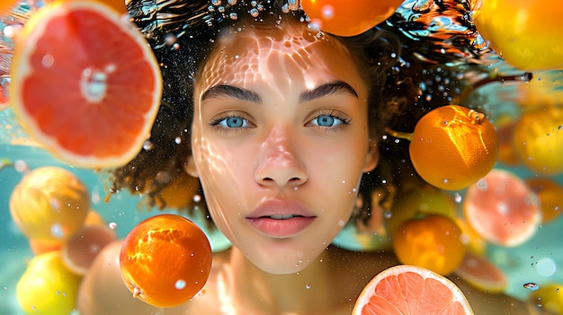 Free Photo portrait of woman swimming in summertime with tropical fruits