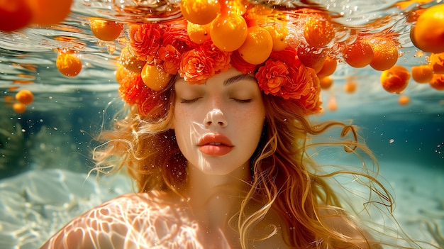 Portrait of woman swimming in summertime with tropical fruits