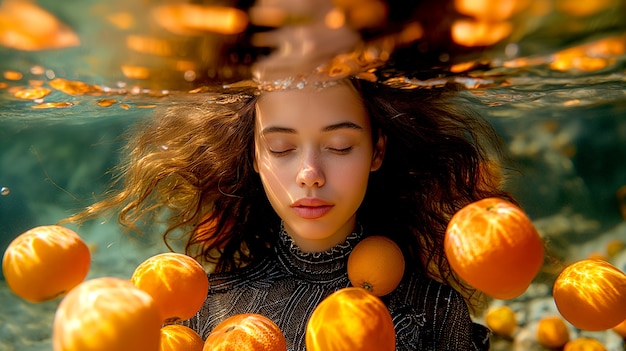 Portrait of woman swimming in summertime with tropical fruits