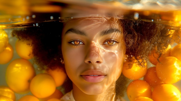 Portrait of woman swimming in summertime with tropical fruits