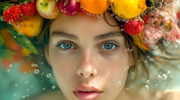 Portrait of woman swimming in summertime with tropical fruits