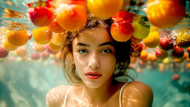 Free Photo portrait of woman swimming in summertime with tropical fruits