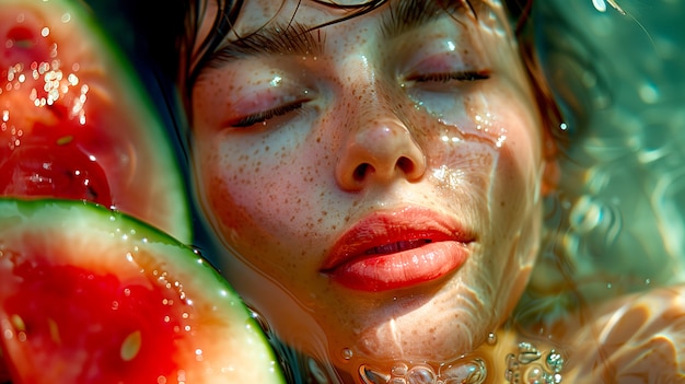 Portrait of woman swimming in summertime with tropical fruits