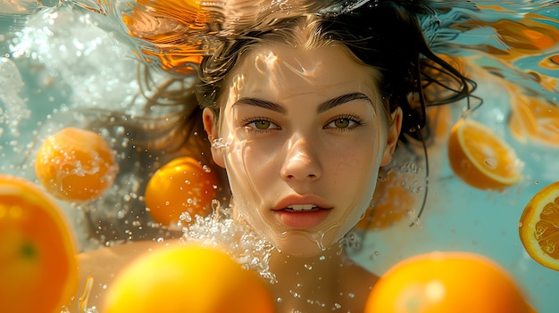 Portrait of woman swimming in summertime with tropical fruits